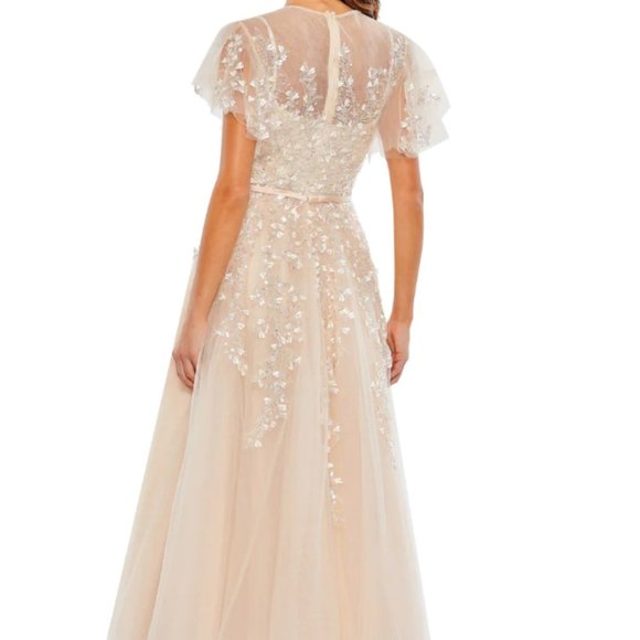 MAC DUGGAL 20362 EMBELLISHED FLUTTER SLEEVE BOW WAIST A-LINE NUDE GOWN sz 8 - Picture 2 of 6